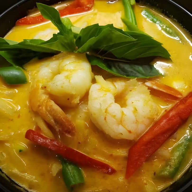 Close-up of Thai yellow curry with shrimp, red peppers, and basil in a black bowl.
